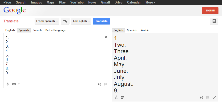 Google Translate's interpretation of the numbers 1 through 9.