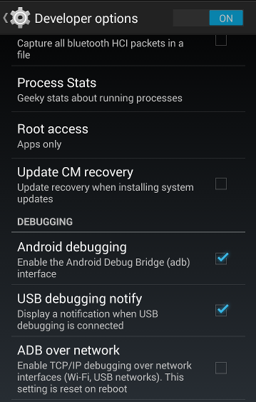 A picture of the Android debugging checkbox