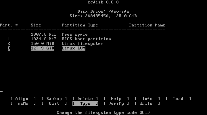 cgdisk screen showing what a correctly partitioned drive looks like.