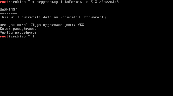 Terminal showing a successful cryptsetup format