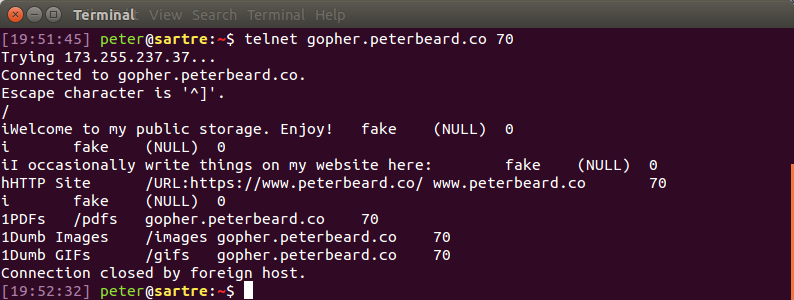 Gopher protocol over a Telnet session.