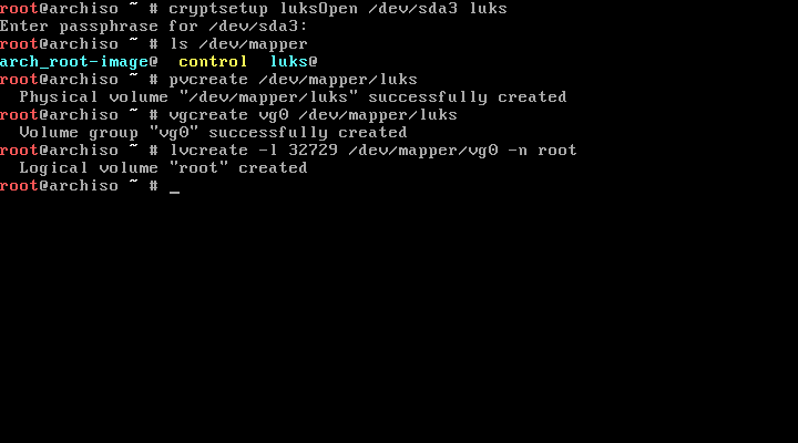 Mounting the encrypted partition and creating the LVM group.